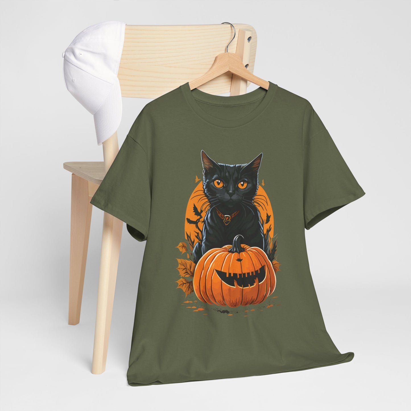 Halloween Black Cat & Pumpkin Tee – Spooky Fall Unisex Shirt for Parties, Autumn Outings & Cat Lovers