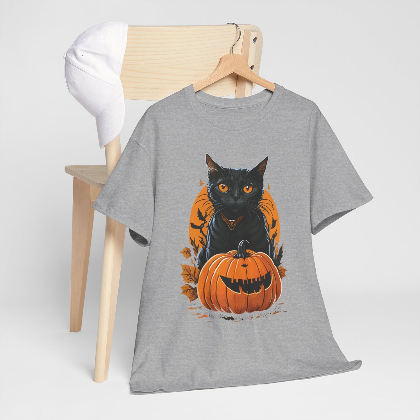 Halloween Black Cat & Pumpkin Tee – Spooky Fall Unisex Shirt for Parties, Autumn Outings & Cat Lovers