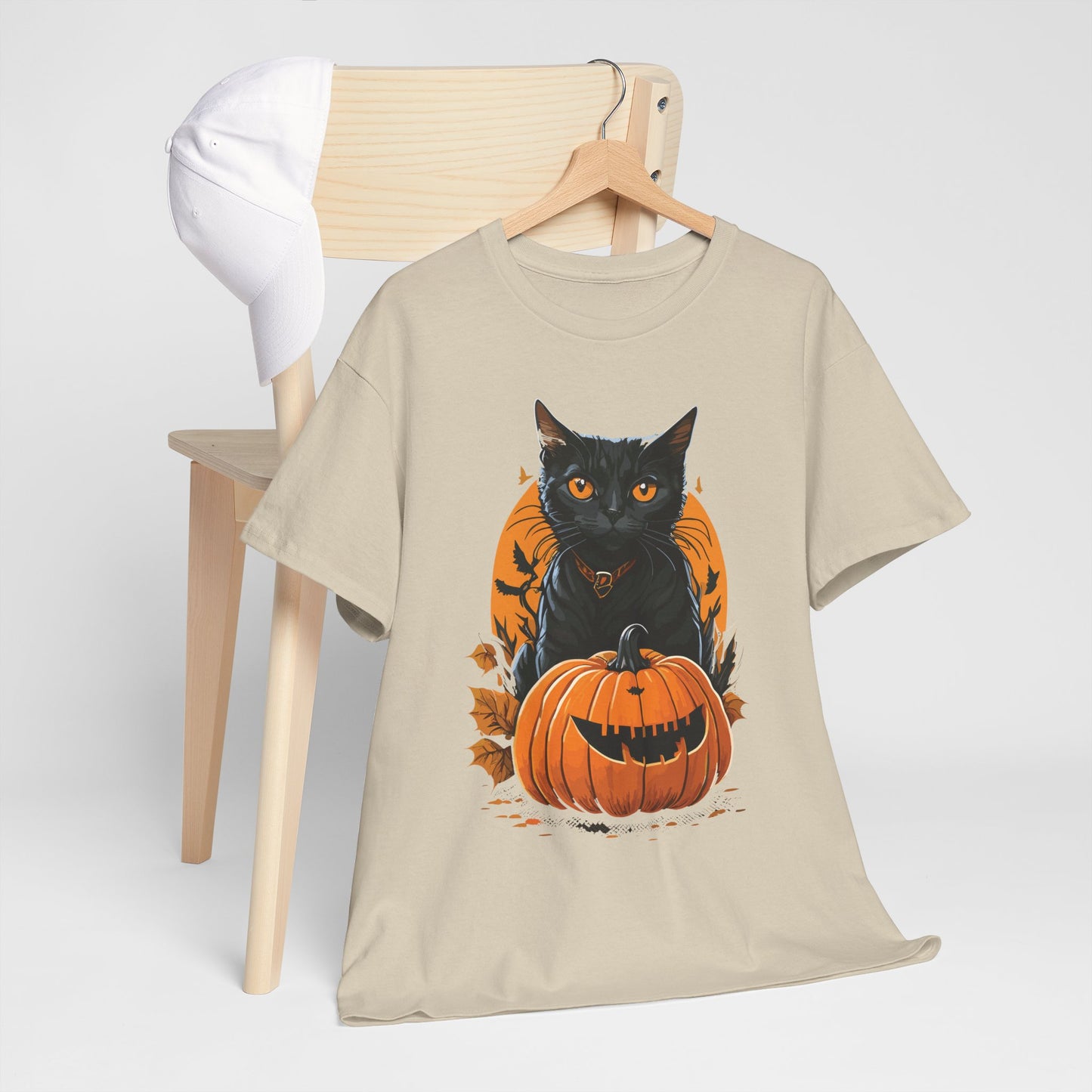 Halloween Black Cat & Pumpkin Tee – Spooky Fall Unisex Shirt for Parties, Autumn Outings & Cat Lovers