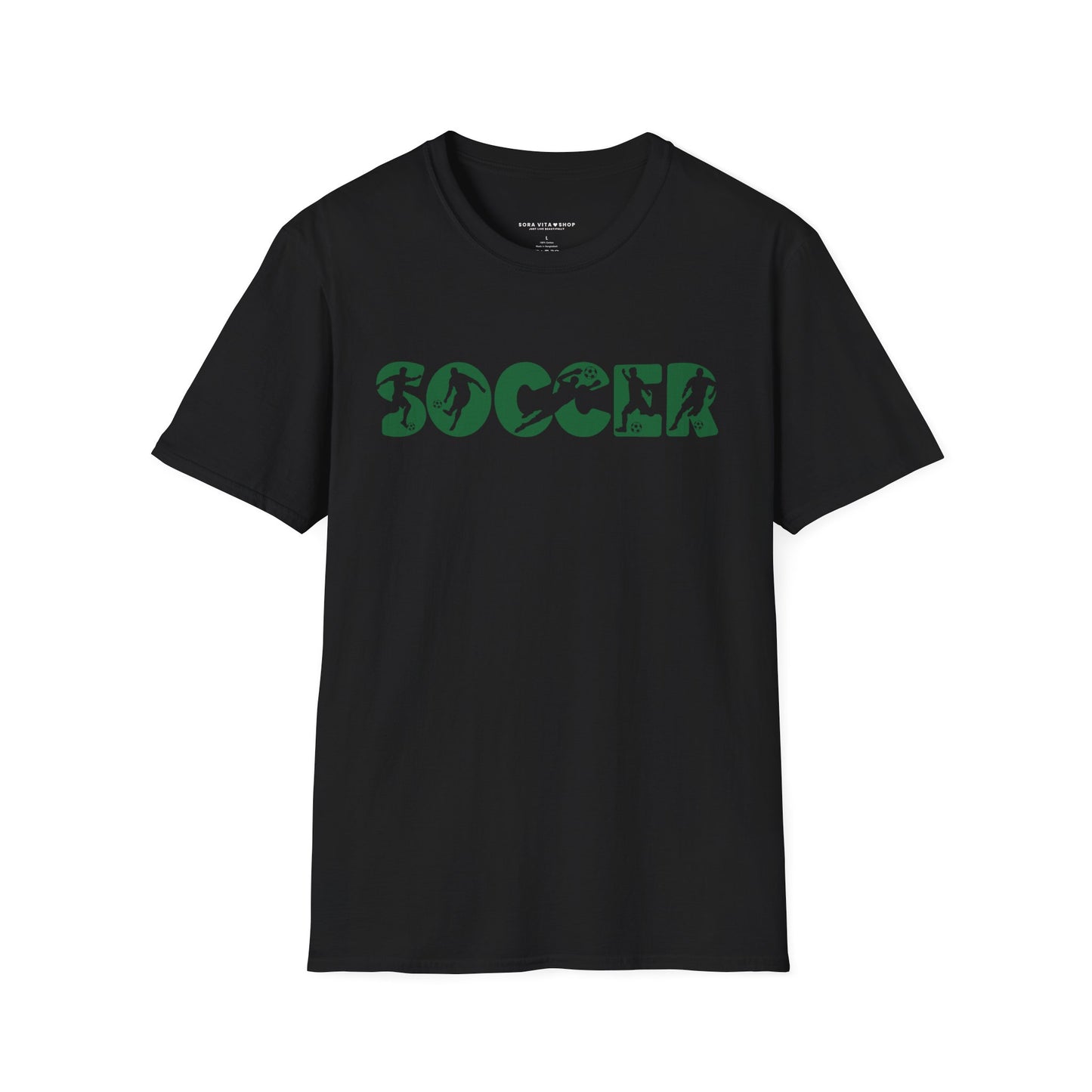 Black t-shirt with green 'SOCCER' text on a white background