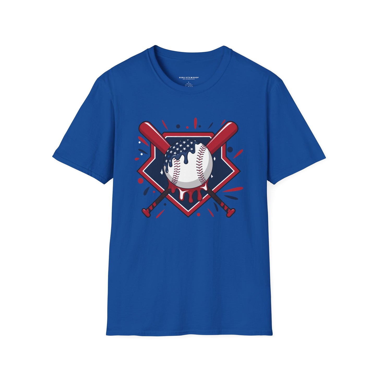 Blue t-shirt with baseball graphic on a white background