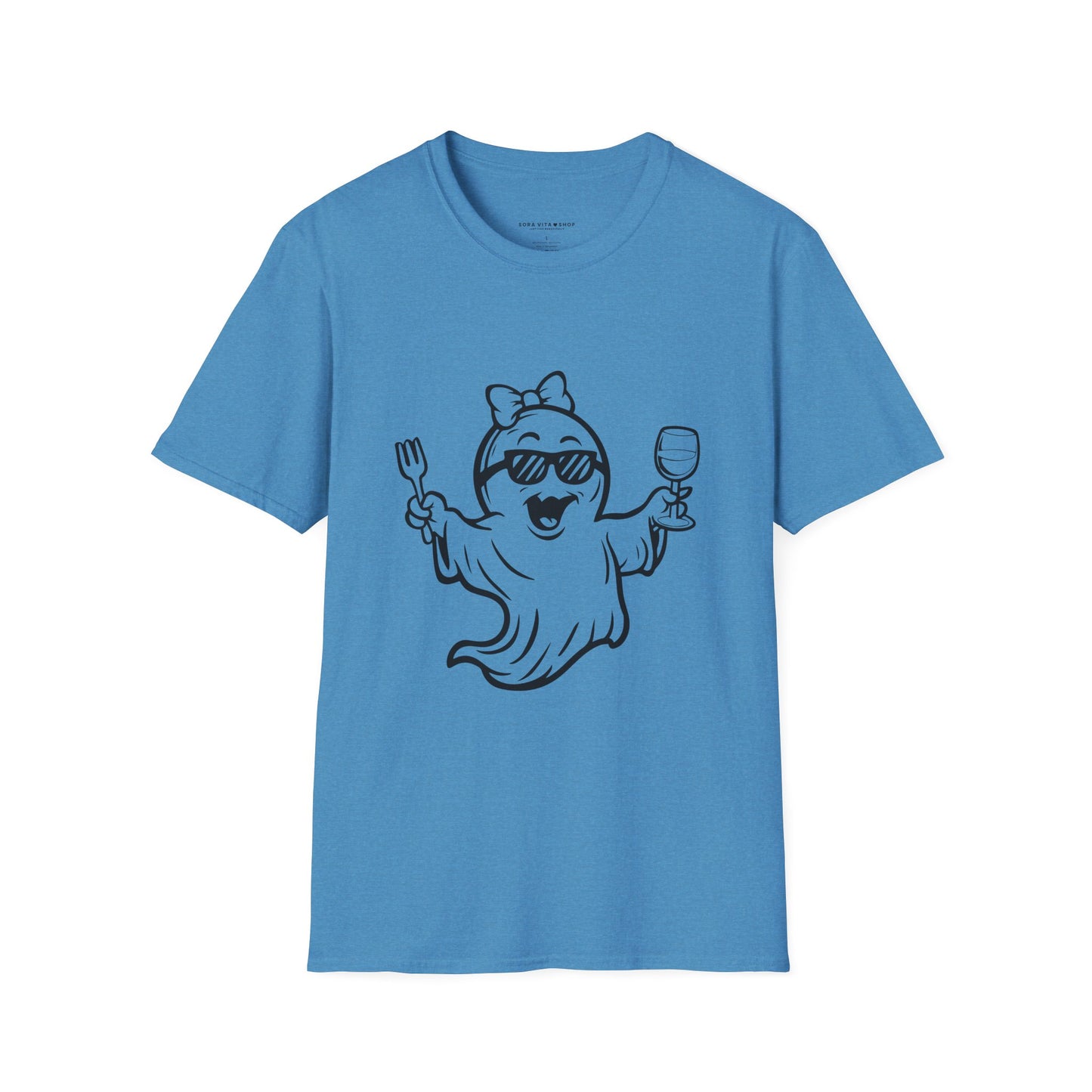 Blue t-shirt with a ghost holding a fork and glass design on a white background