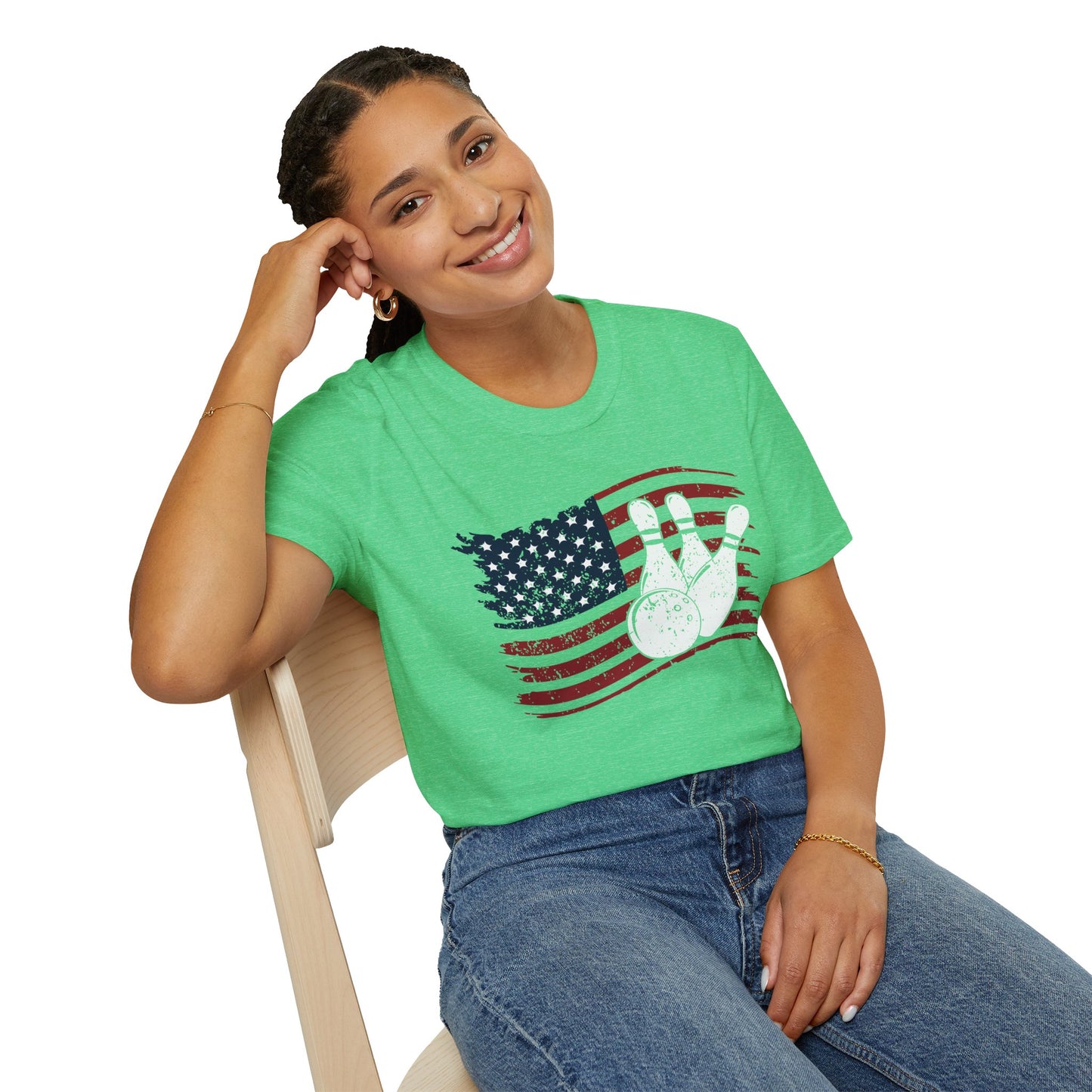 Fall Bowling T‑Shirt – American Flag Bowling Graphic Tee for Men Softstyle Tee – All‑Day Comfort