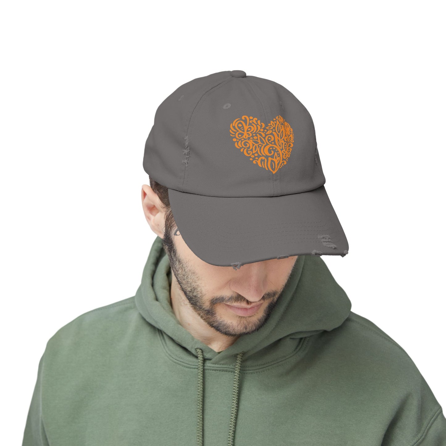 Distressed Cap with Orange Floral Heart – Rustic Cotton Twill Baseball Hat for Winter Gatherings