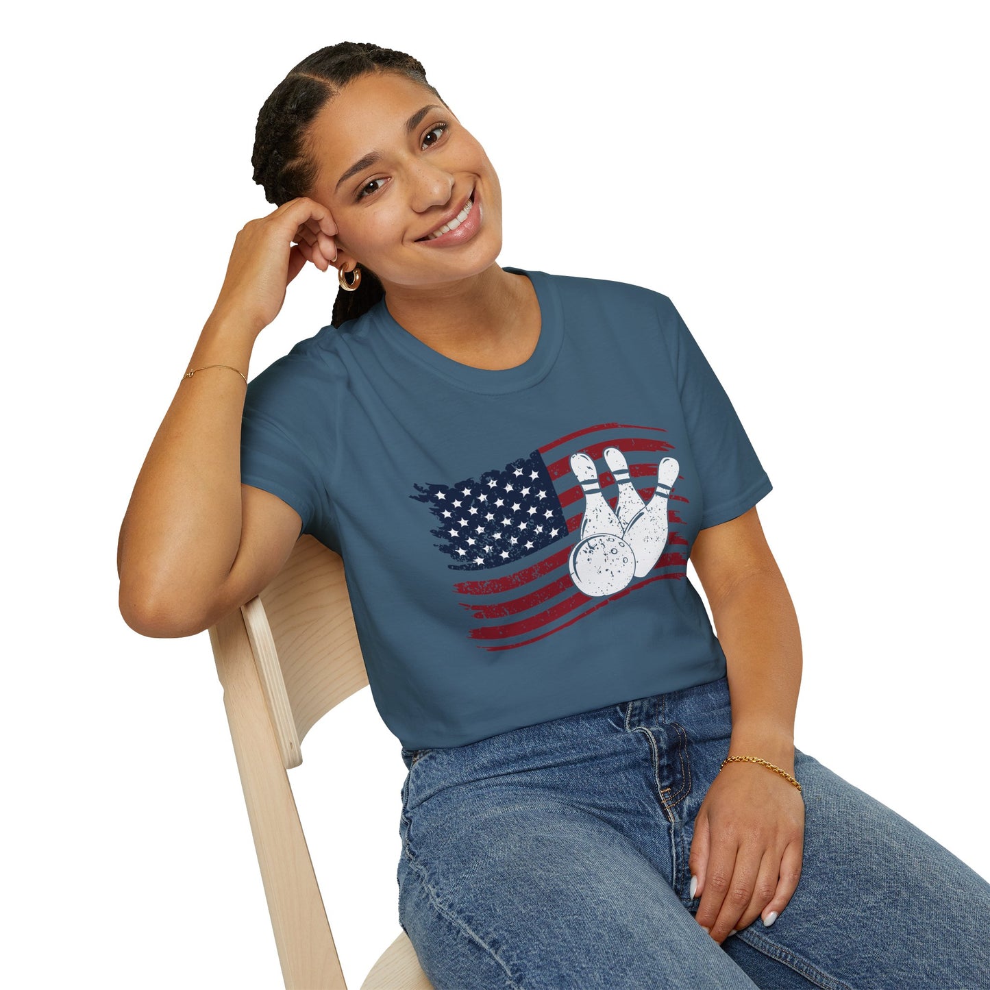 Fall Bowling T‑Shirt – American Flag Bowling Graphic Tee for Men Softstyle Tee – All‑Day Comfort