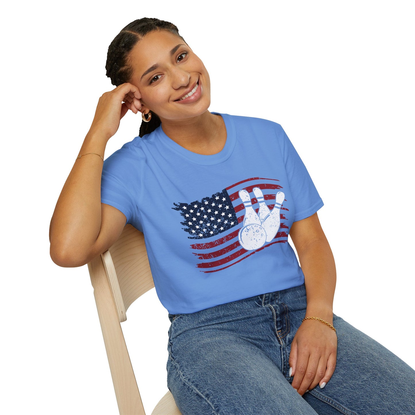 Fall Bowling T‑Shirt – American Flag Bowling Graphic Tee for Men Softstyle Tee – All‑Day Comfort