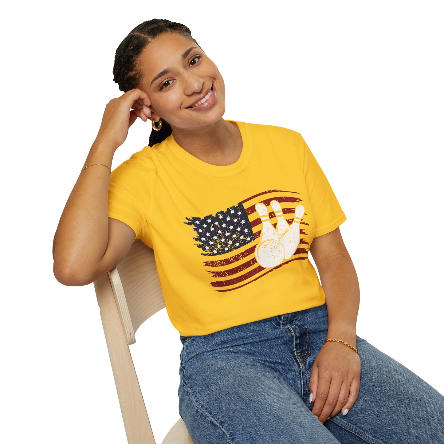 Fall Bowling T‑Shirt – American Flag Bowling Graphic Tee for Men Softstyle Tee – All‑Day Comfort