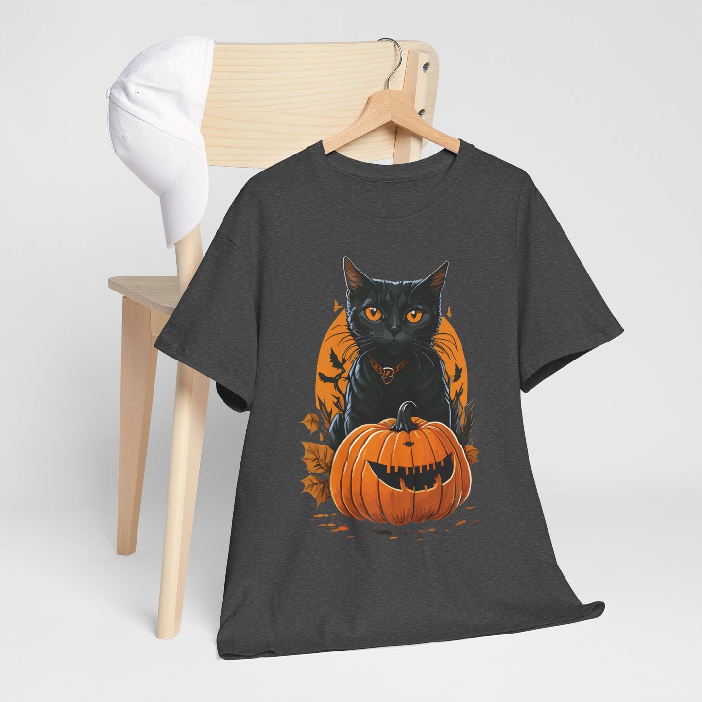 Halloween Black Cat & Pumpkin Tee – Spooky Fall Unisex Shirt for Parties, Autumn Outings & Cat Lovers