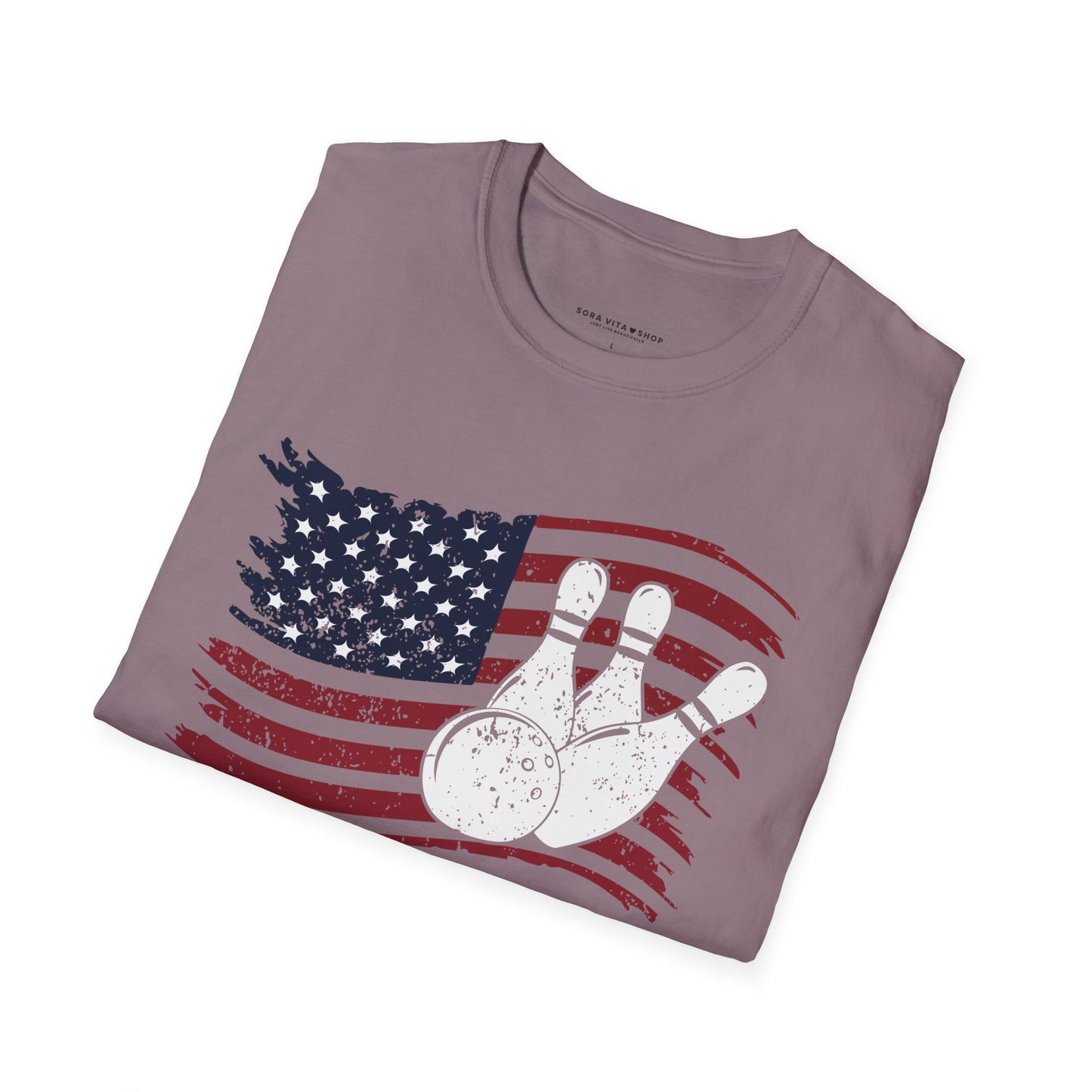 Fall Bowling T‑Shirt – American Flag Bowling Graphic Tee for Men Softstyle Tee – All‑Day Comfort