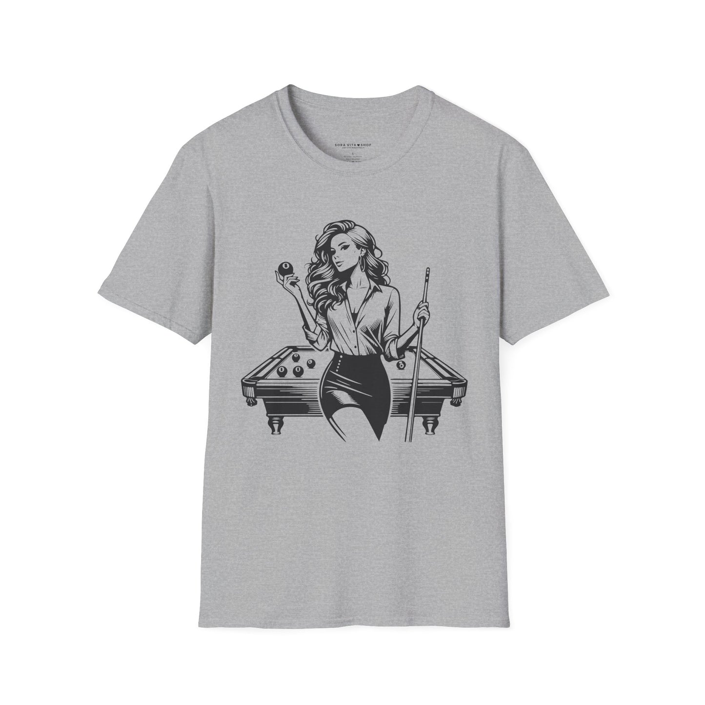 Gray t-shirt with a graphic of a woman playing pool on a white background