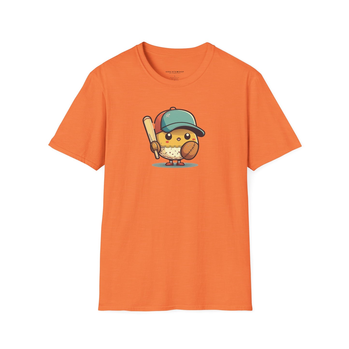 Orange t-shirt with a cartoon character holding a baseball bat and ball on a white background