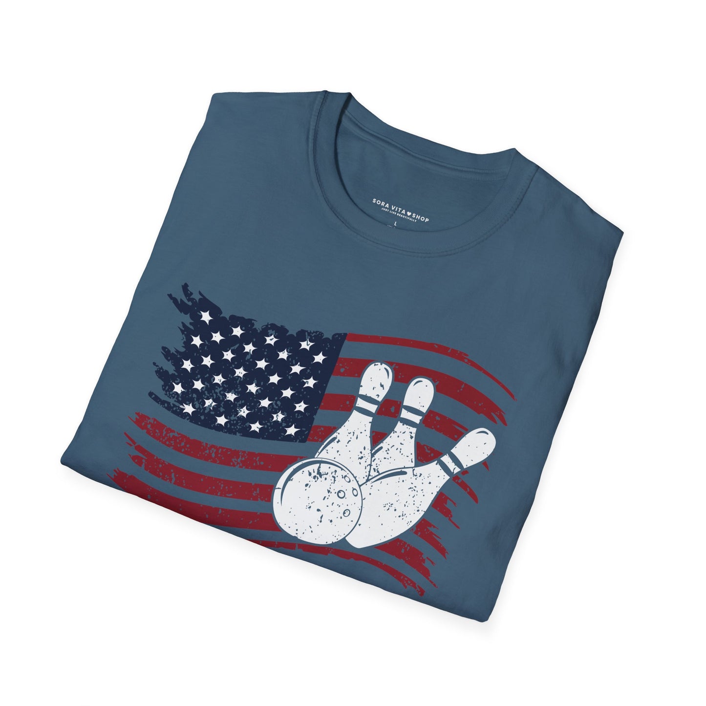 Fall Bowling T‑Shirt – American Flag Bowling Graphic Tee for Men Softstyle Tee – All‑Day Comfort