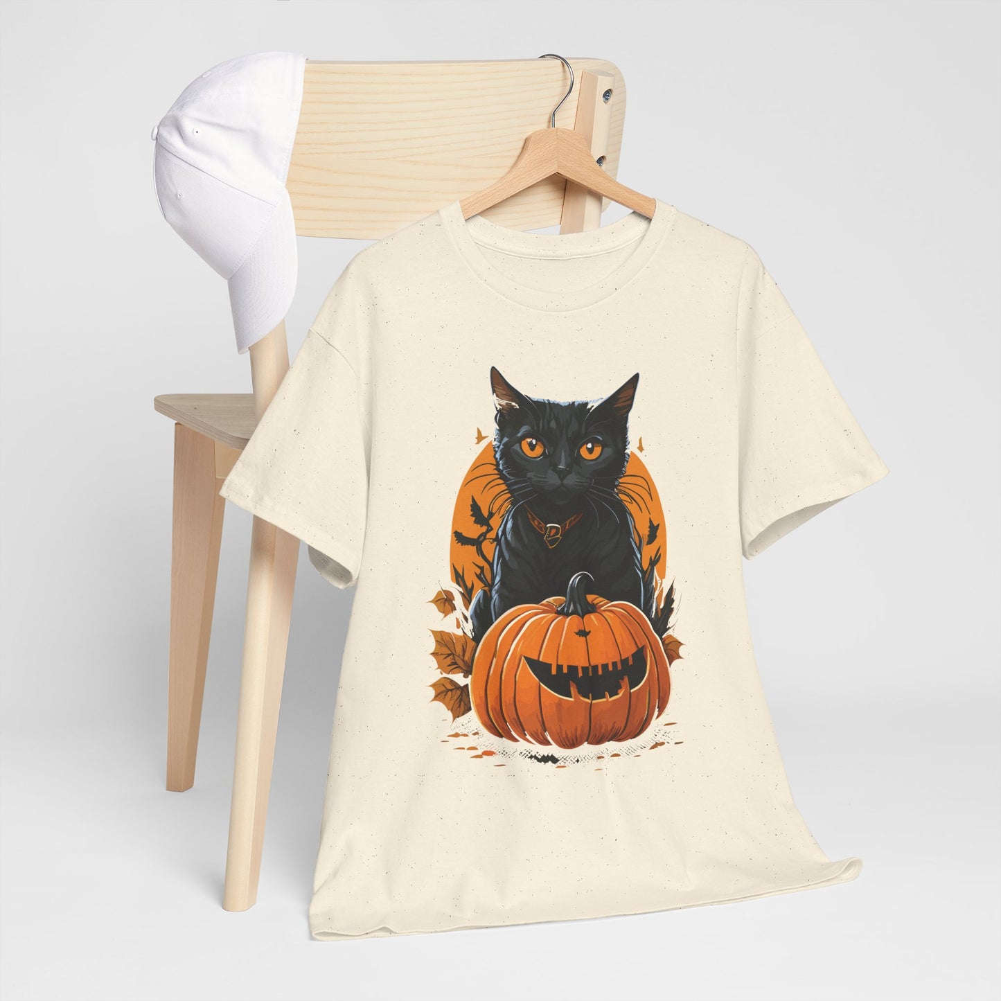 Halloween Black Cat & Pumpkin Tee – Spooky Fall Unisex Shirt for Parties, Autumn Outings & Cat Lovers