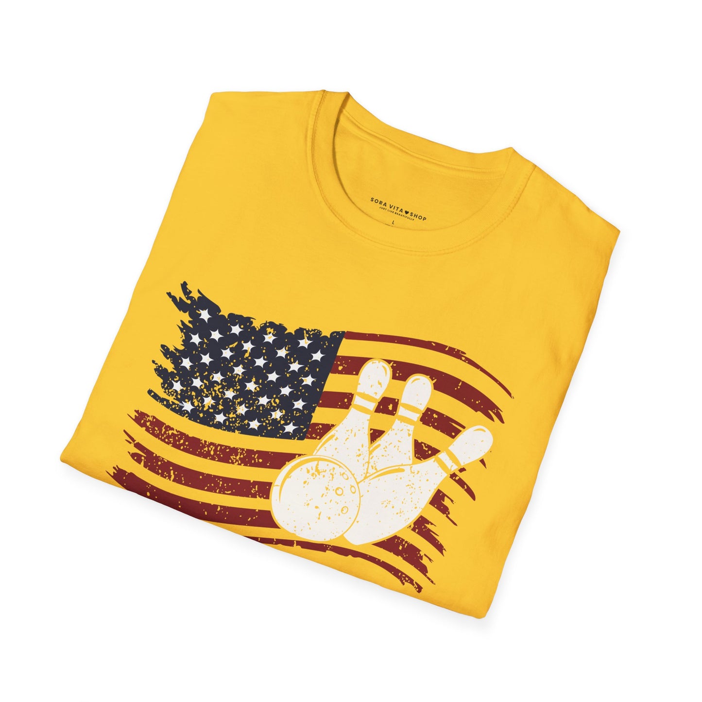 Fall Bowling T‑Shirt – American Flag Bowling Graphic Tee for Men Softstyle Tee – All‑Day Comfort