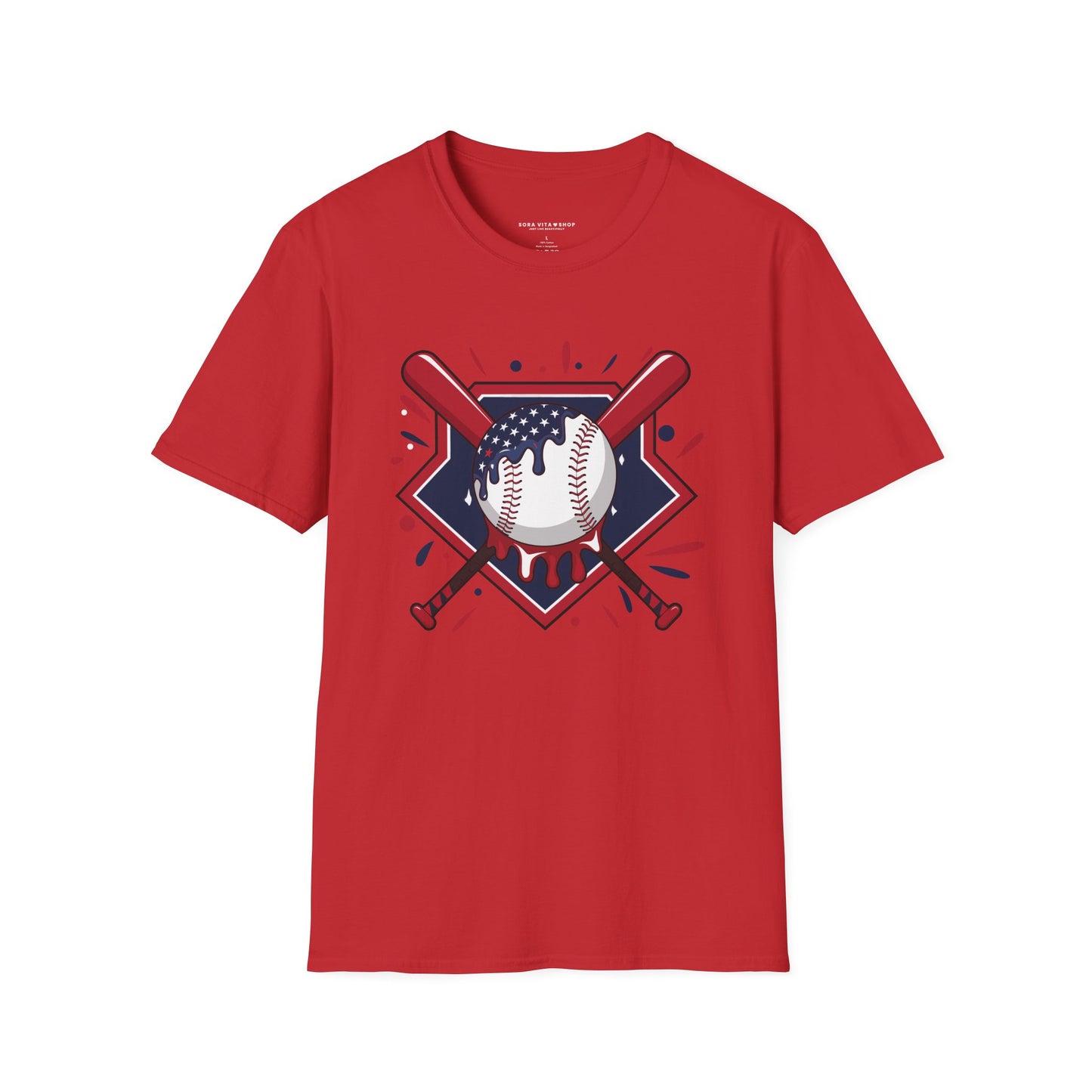 Red t-shirt with baseball graphic on a white background