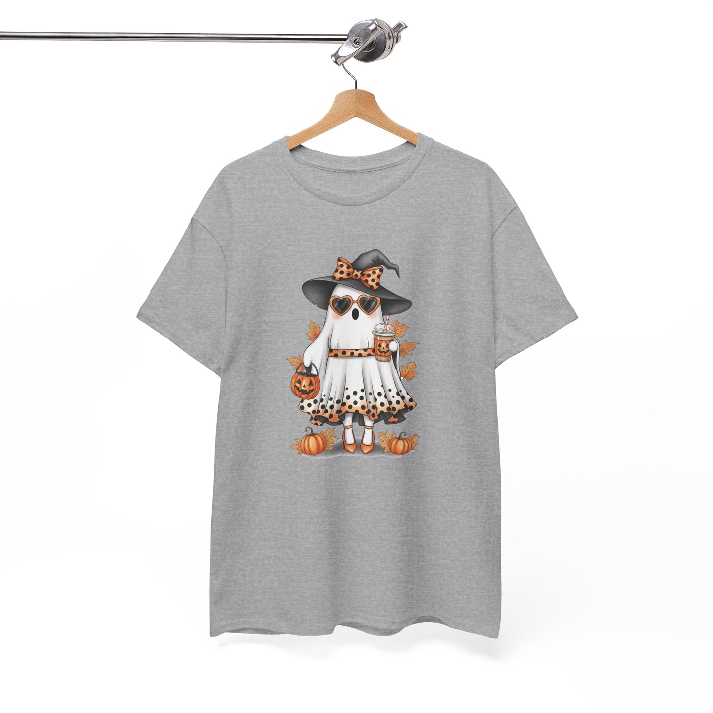Gray t-shirt with a dog in a Halloween costume graphic on a hanger against a white background