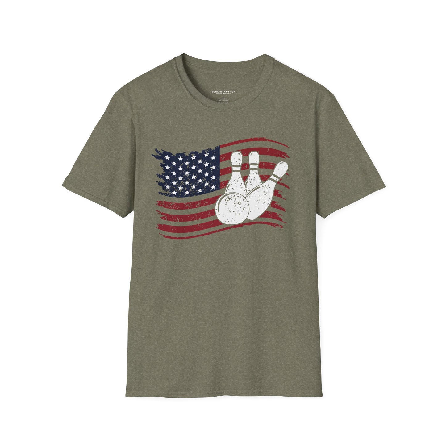 Fall Bowling T‑Shirt – American Flag Bowling Graphic Tee for Men Softstyle Tee – All‑Day Comfort