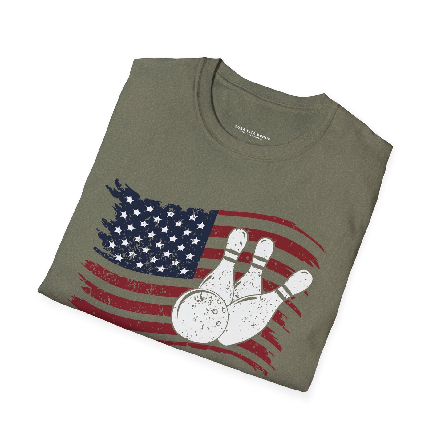 Fall Bowling T‑Shirt – American Flag Bowling Graphic Tee for Men Softstyle Tee – All‑Day Comfort