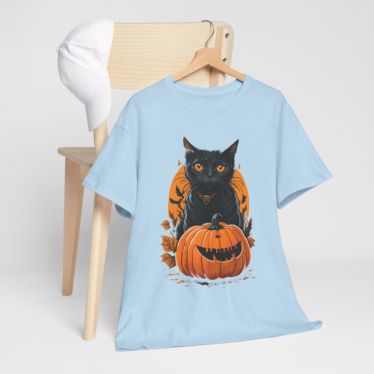 Halloween Black Cat & Pumpkin Tee – Spooky Fall Unisex Shirt for Parties, Autumn Outings & Cat Lovers