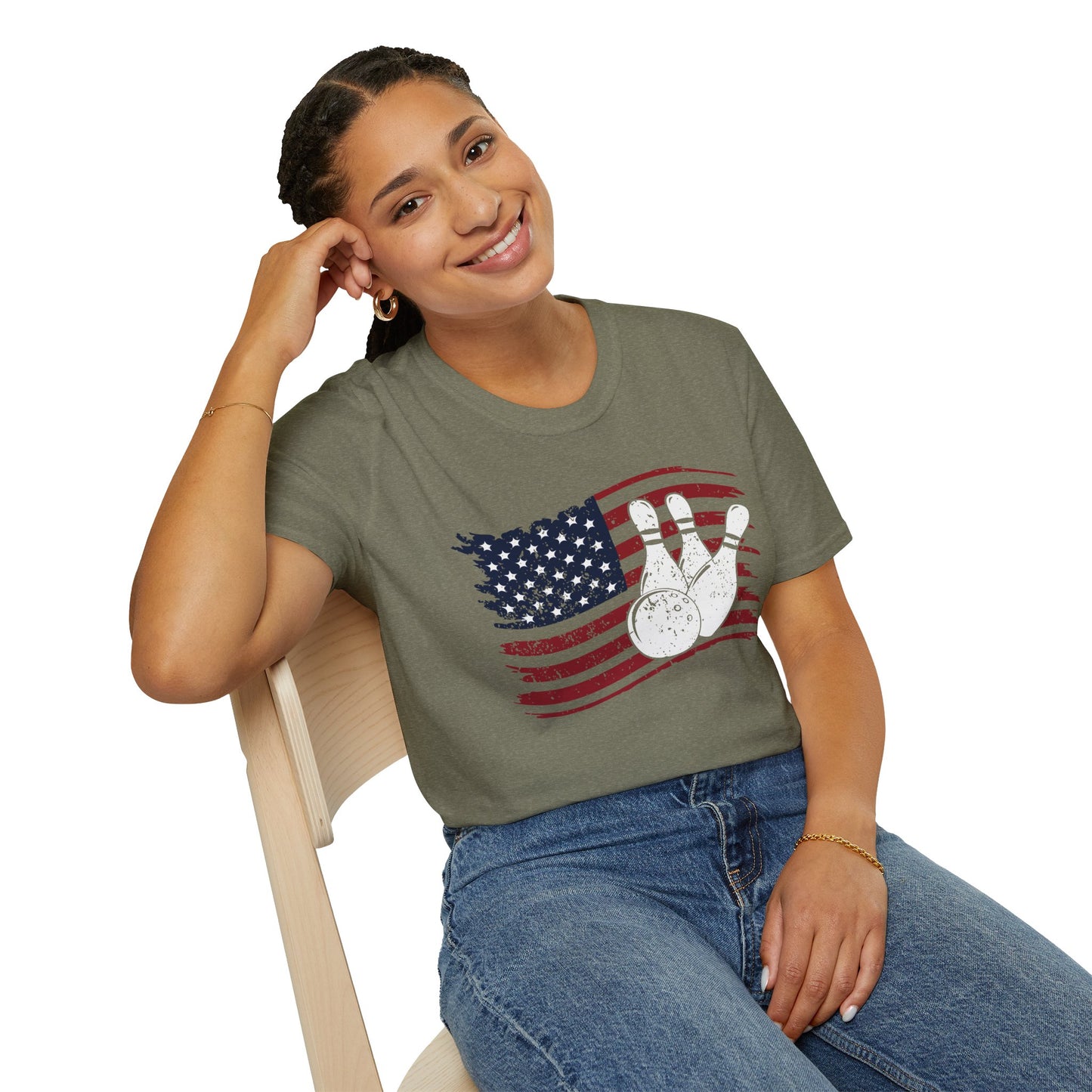 Fall Bowling T‑Shirt – American Flag Bowling Graphic Tee for Men Softstyle Tee – All‑Day Comfort