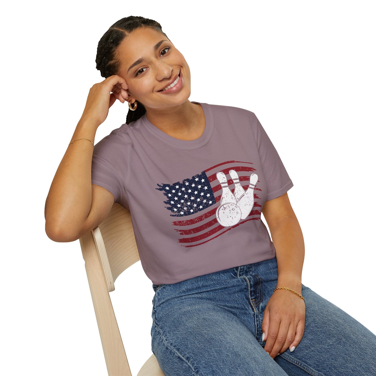 Fall Bowling T‑Shirt – American Flag Bowling Graphic Tee for Men Softstyle Tee – All‑Day Comfort