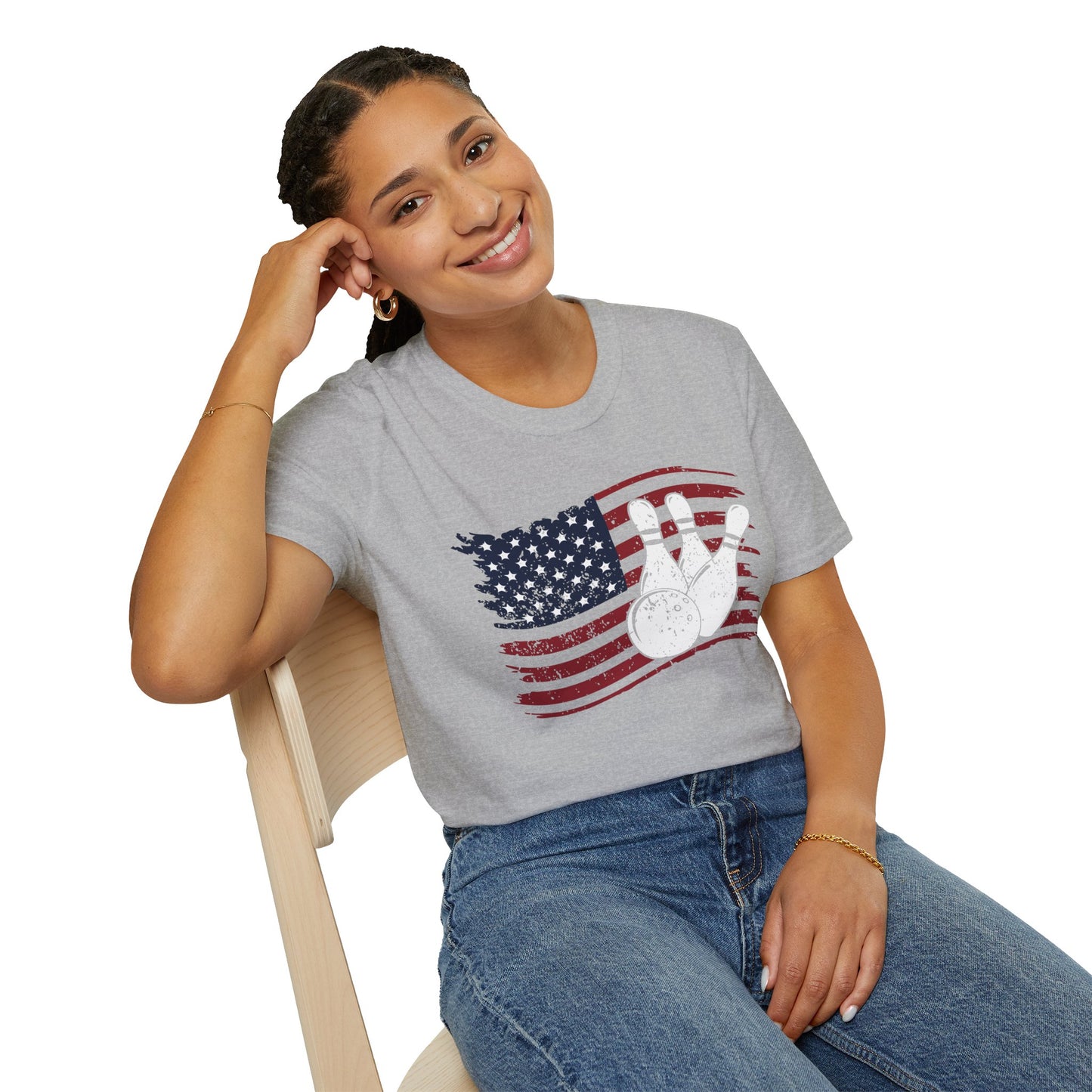 Fall Bowling T‑Shirt – American Flag Bowling Graphic Tee for Men Softstyle Tee – All‑Day Comfort