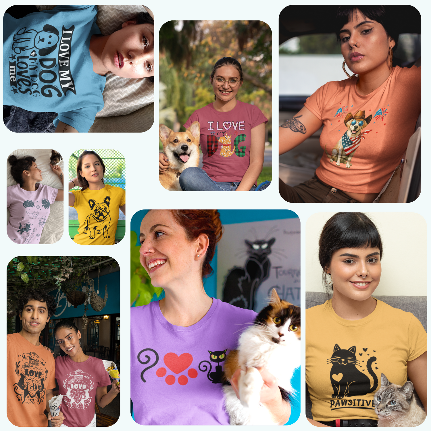 Collage of people wearing t-shirts with various designs, including animals and text.