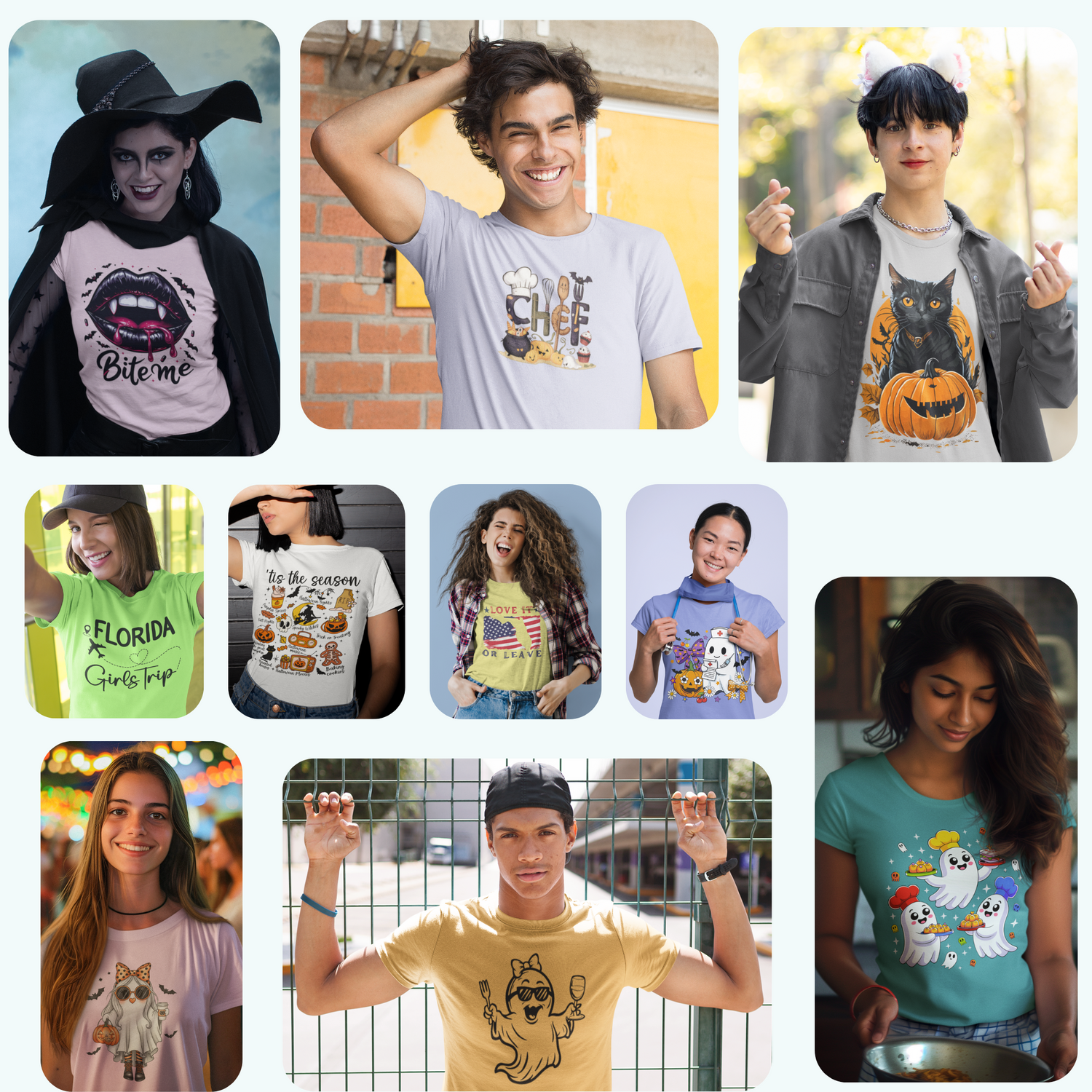 Collage of people wearing various t-shirts with different designs.