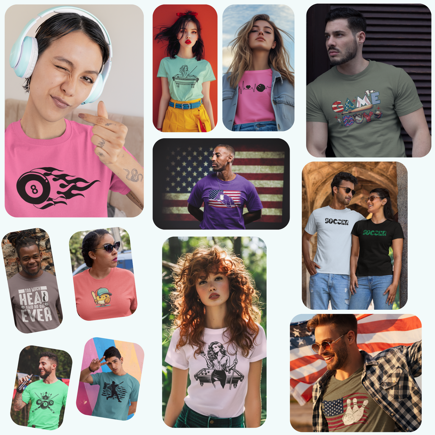 Collage of people wearing various t-shirts with different designs and colors.