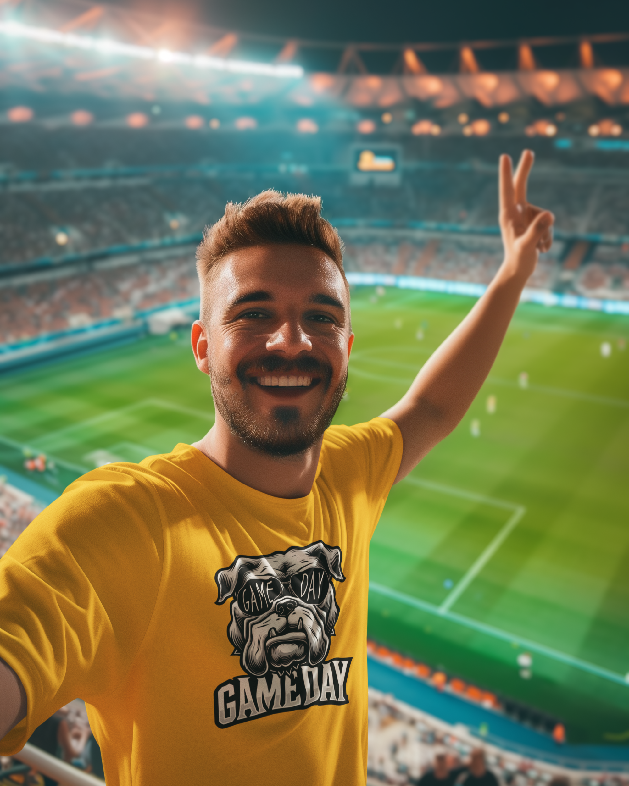 Man in a yellow 'Game Day' t-shirt at a stadium