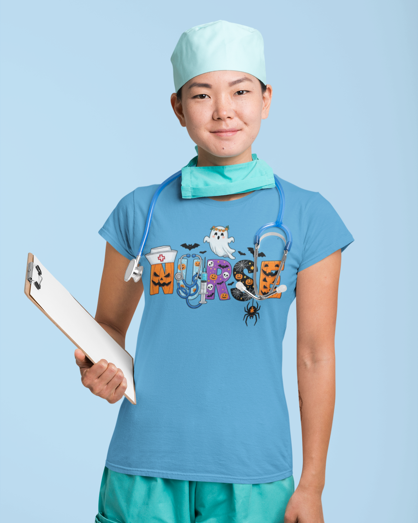 t-shirt-mockup-featuring-a-kind-looking-nurse-with Halloween design