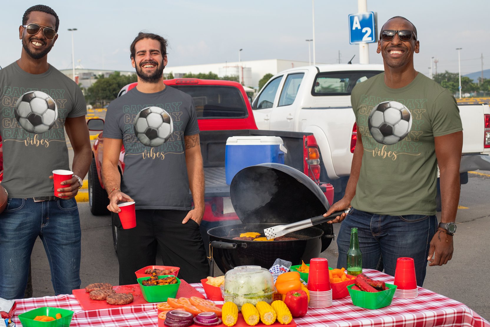 Three men standing around a table with food and a grill in a parking lot.