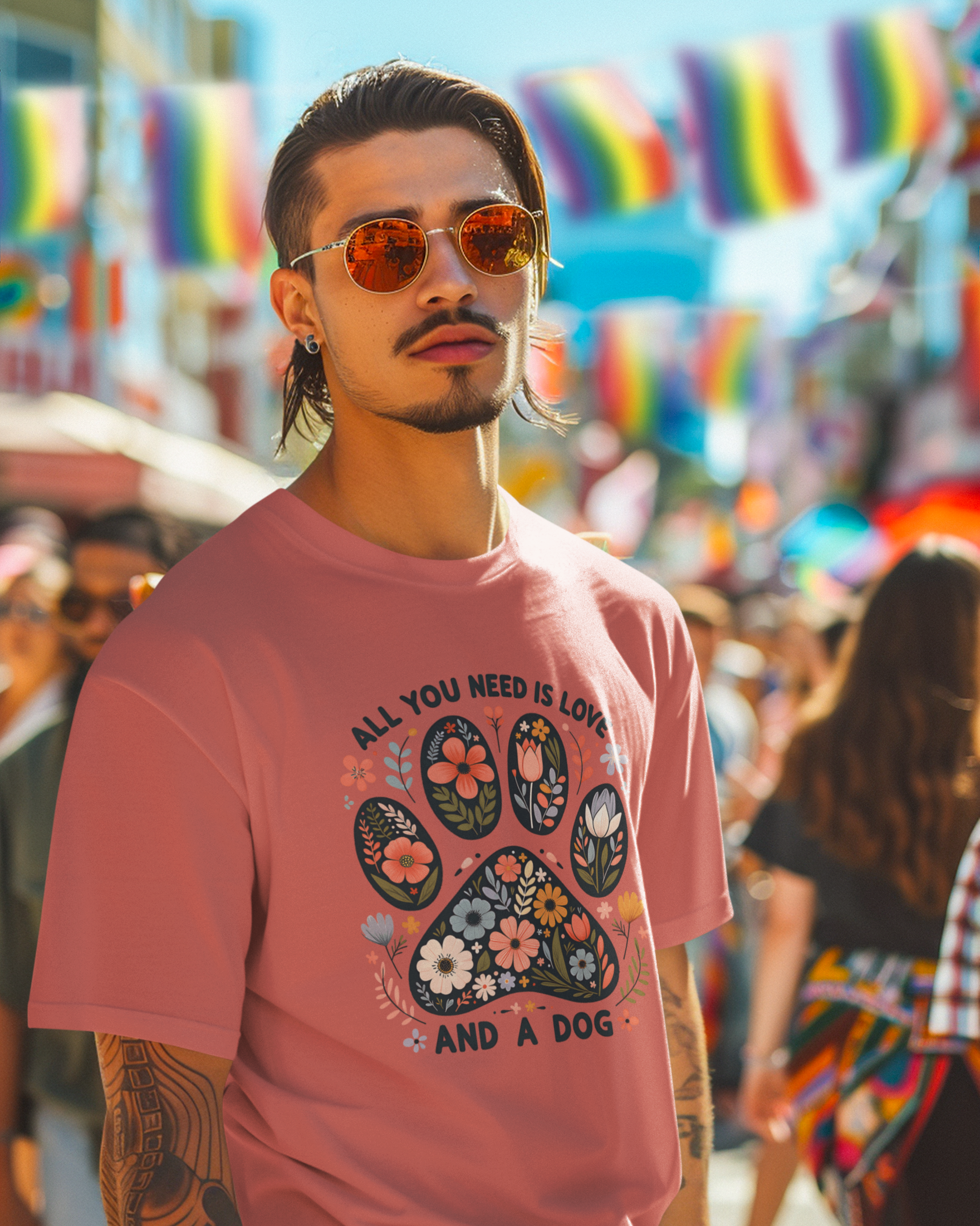 Man wearing a pink t-shirt with a paw print design and text, standing in a colorful outdoor setting.