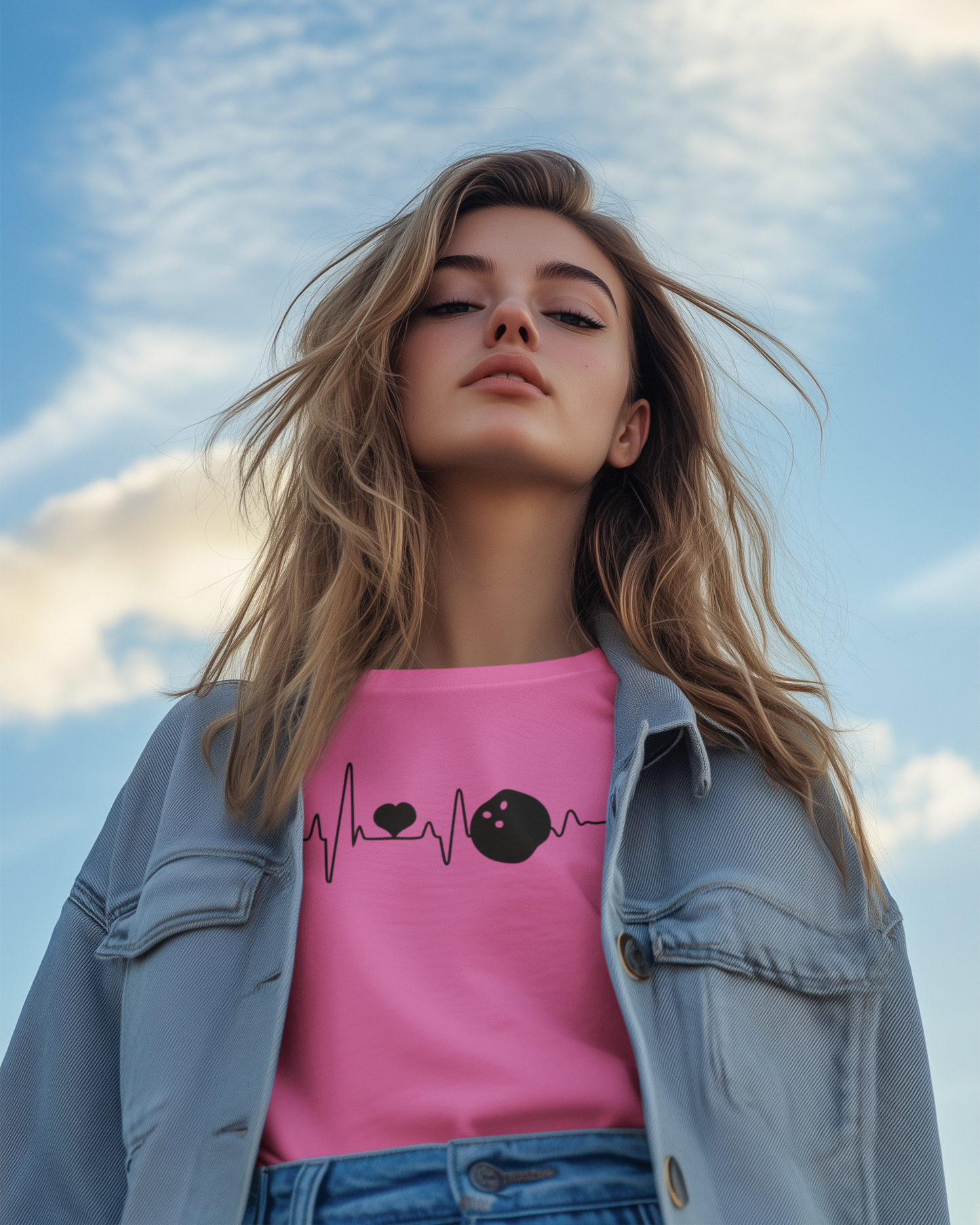 Woman wearing a pink shirt with a design against a blue sky