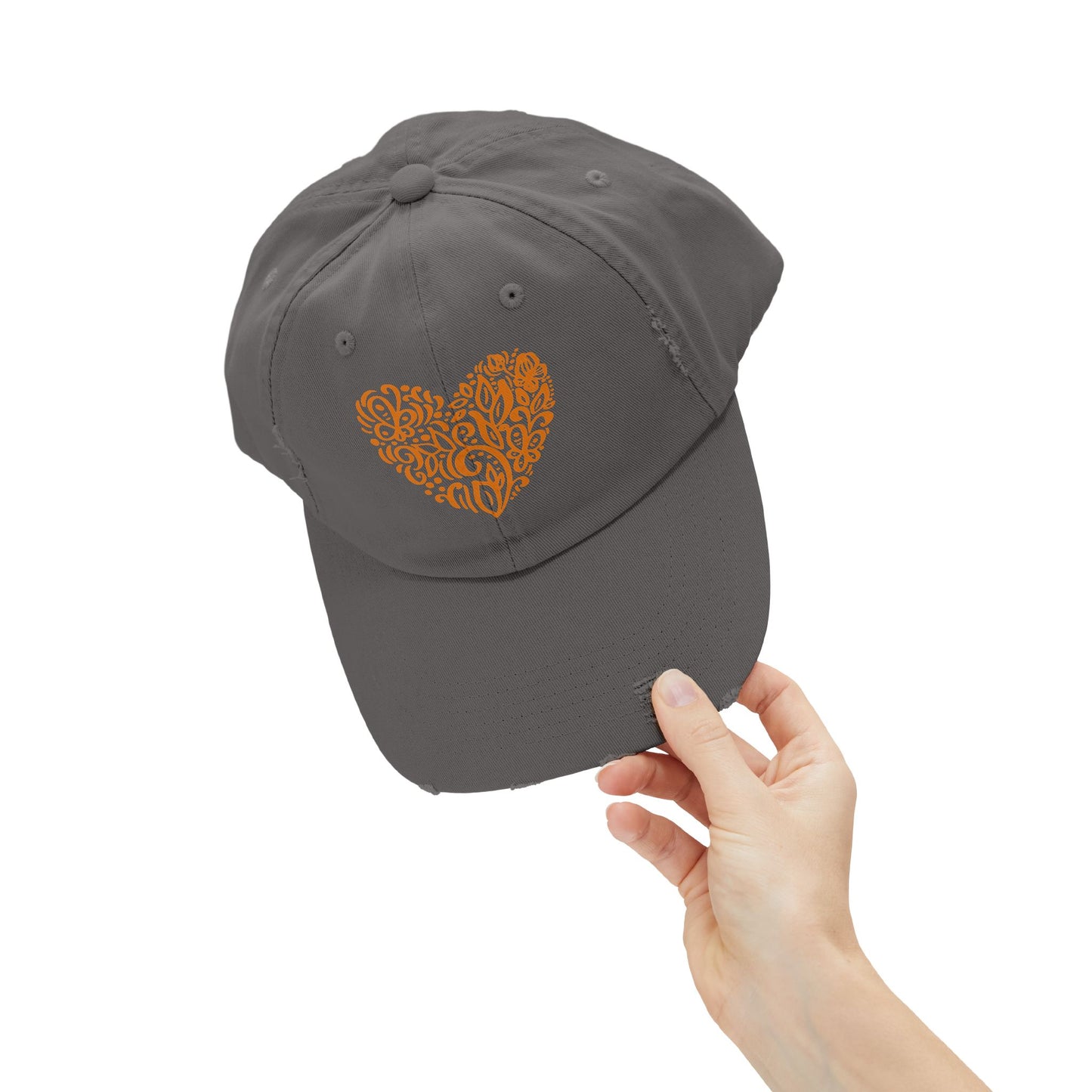 Distressed Cap with Orange Floral Heart – Rustic Cotton Twill Baseball Hat for Winter Gatherings