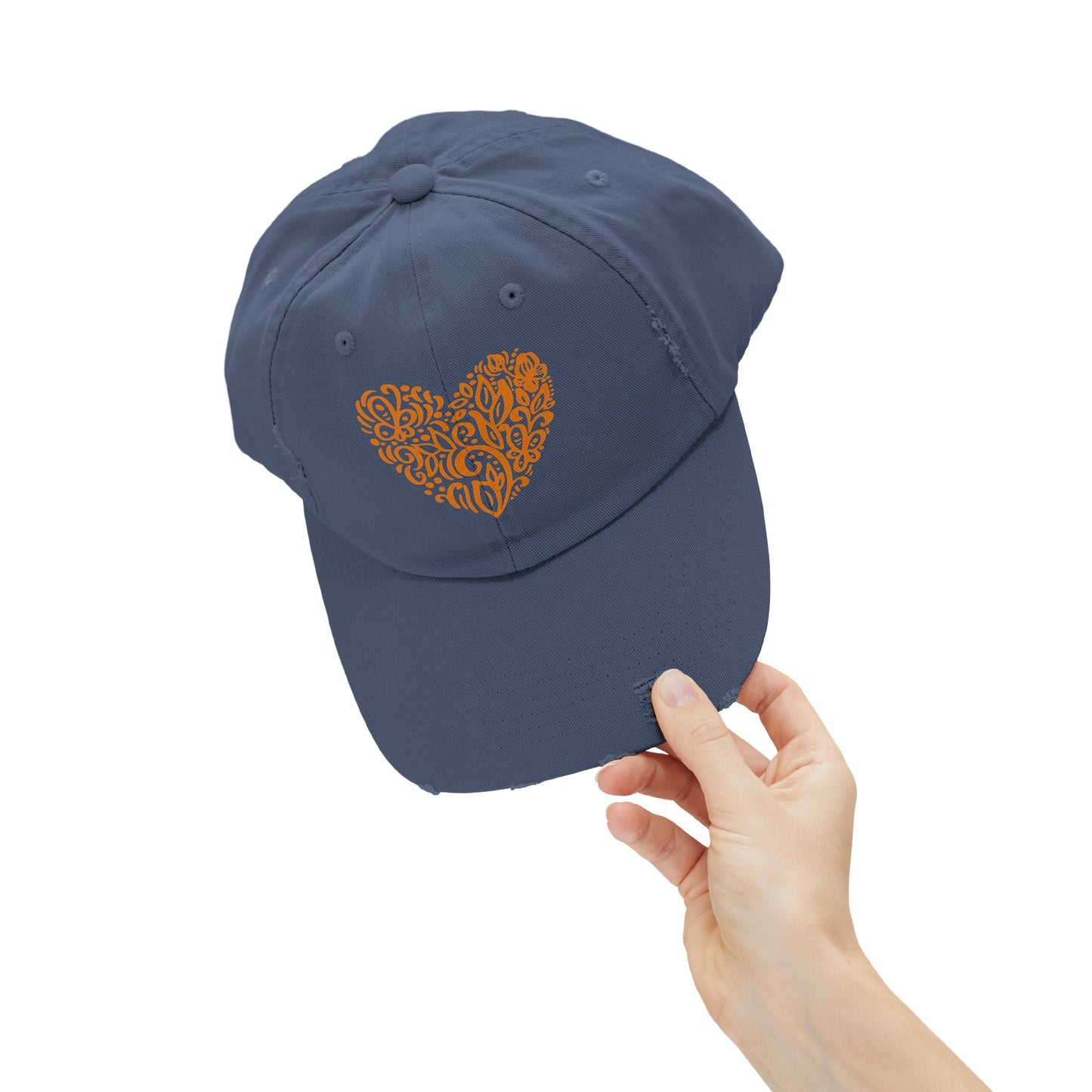 Distressed Cap with Orange Floral Heart – Rustic Cotton Twill Baseball Hat for Winter Gatherings