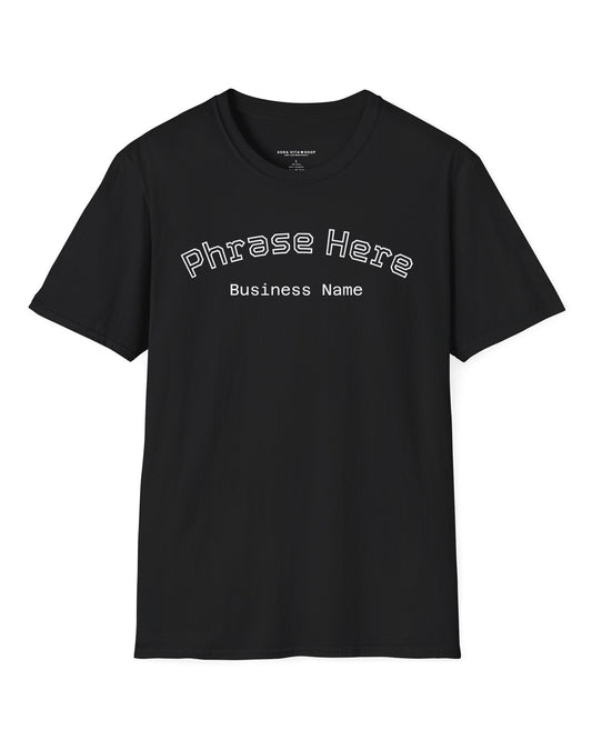 Black t-shirt with customizable text on a white background