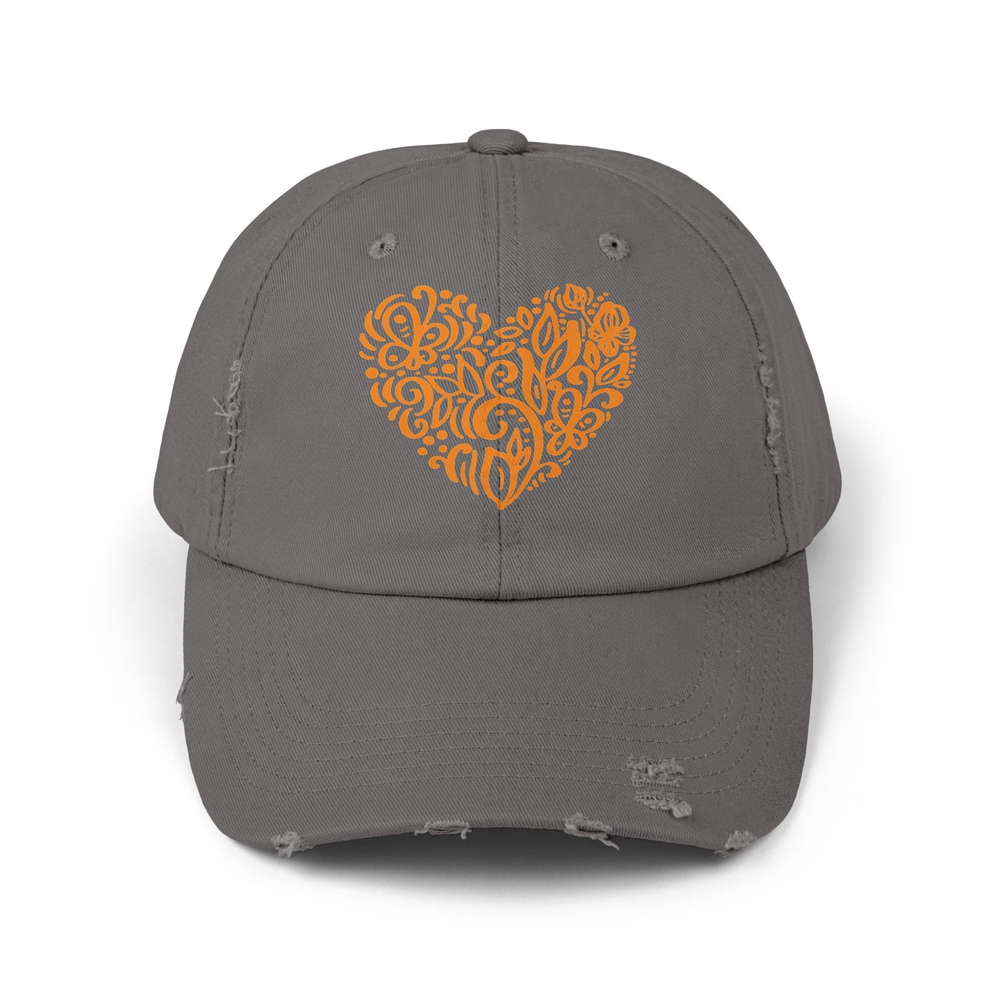 Distressed Cap with Orange Floral Heart – Rustic Cotton Twill Baseball Hat for Winter Gatherings