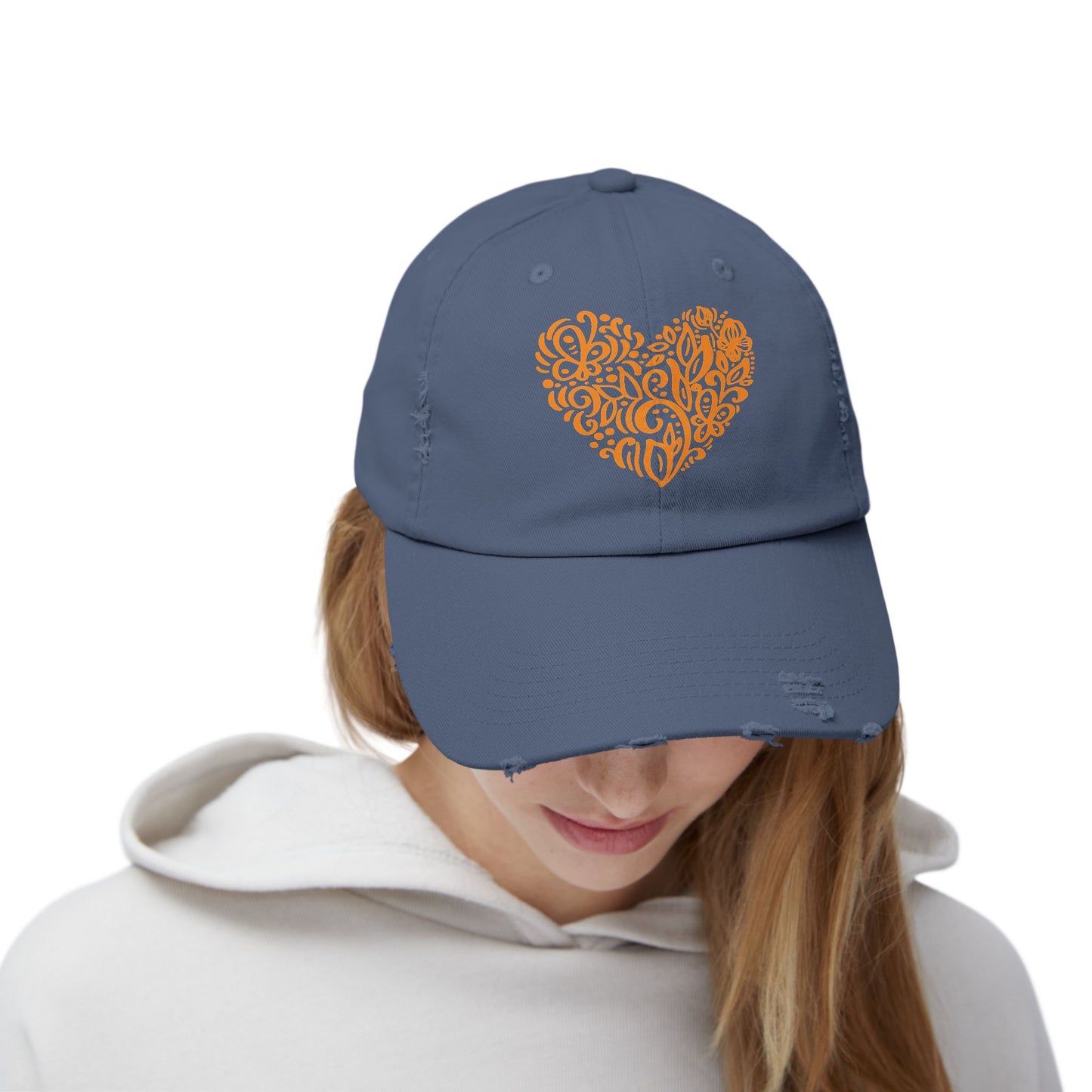 Distressed Cap with Orange Floral Heart – Rustic Cotton Twill Baseball Hat for Winter Gatherings