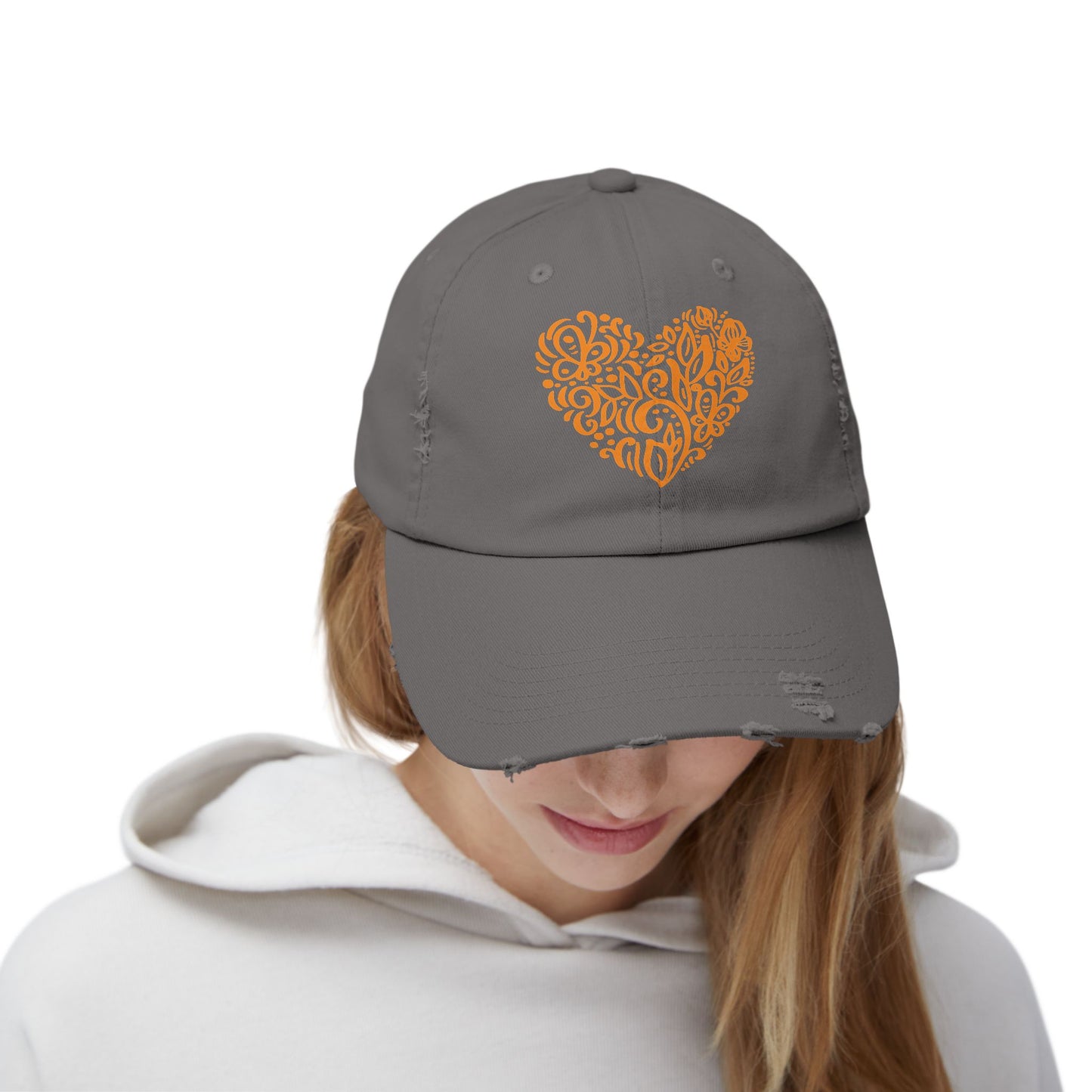 Distressed Cap with Orange Floral Heart – Rustic Cotton Twill Baseball Hat for Winter Gatherings