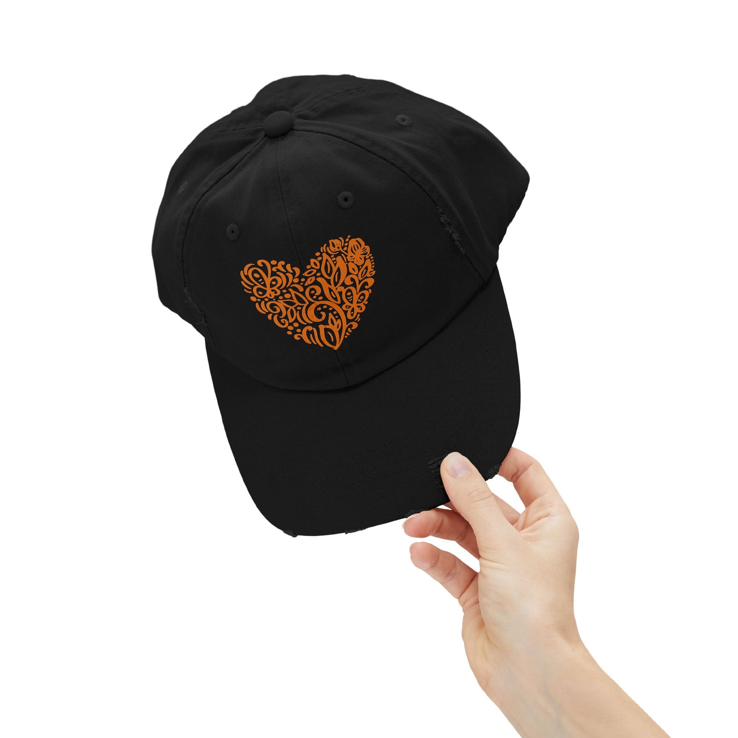 Distressed Cap with Orange Floral Heart – Rustic Cotton Twill Baseball Hat for Winter Gatherings