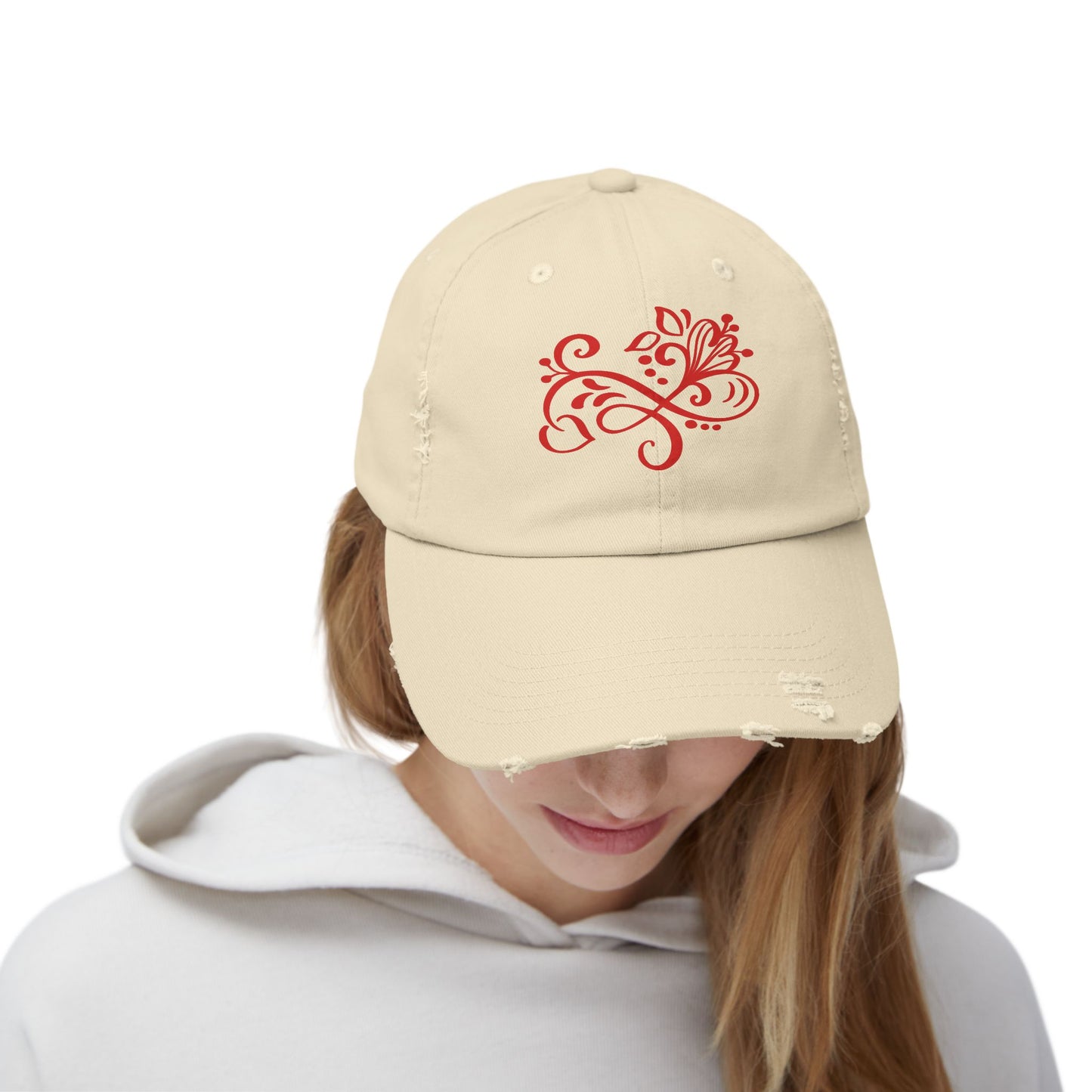 Distressed Cap with Red Floral Swirl Embroidery | Rustic Cotton Twill Baseball Hat