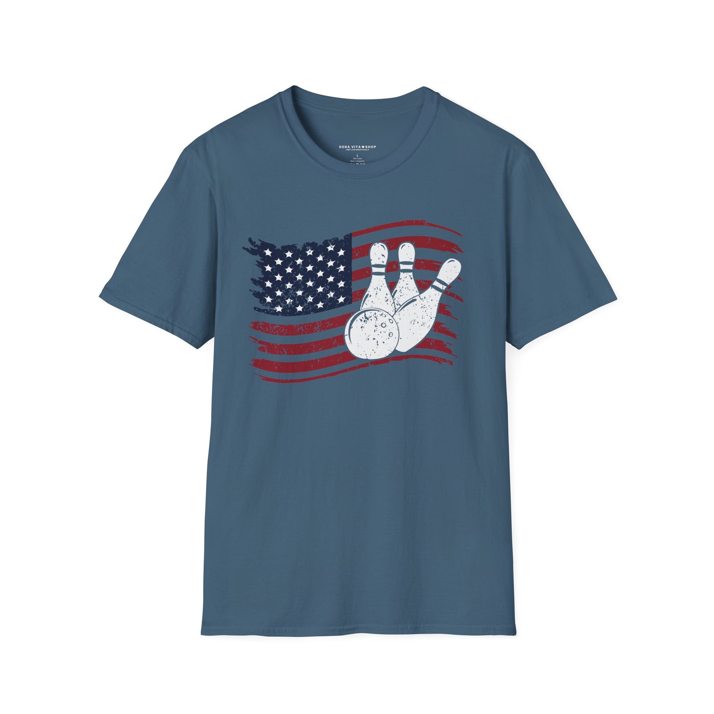 Fall Bowling T‑Shirt – American Flag Bowling Graphic Tee for Men Softstyle Tee – All‑Day Comfort