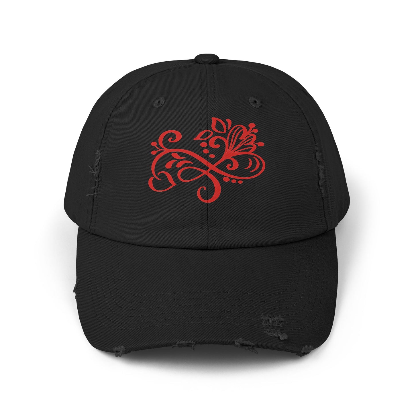 Distressed Cap with Red Floral Swirl Embroidery | Rustic Cotton Twill Baseball Hat