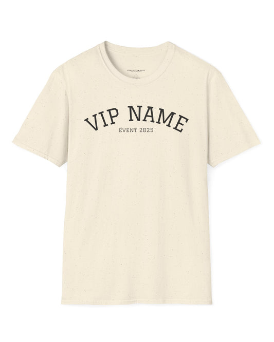 Beige t-shirt with 'VIP NAME EVENT 2025' text on a white background