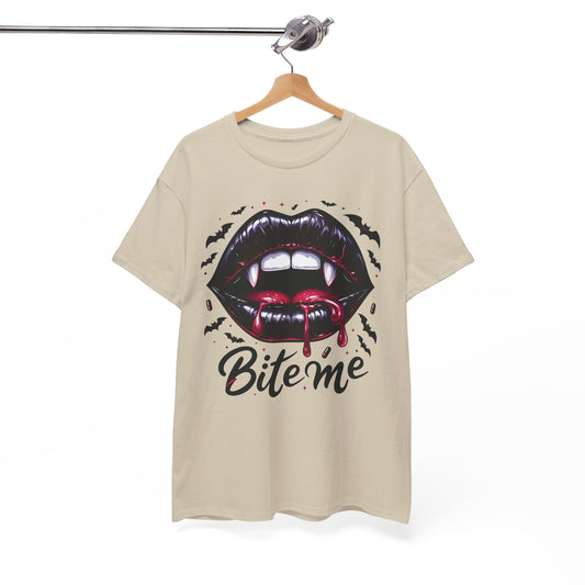 Vampire Bite Graphic Tee – Bold ‘Bite Me’ Halloween Shirt for Horror Fans & Party Nights
