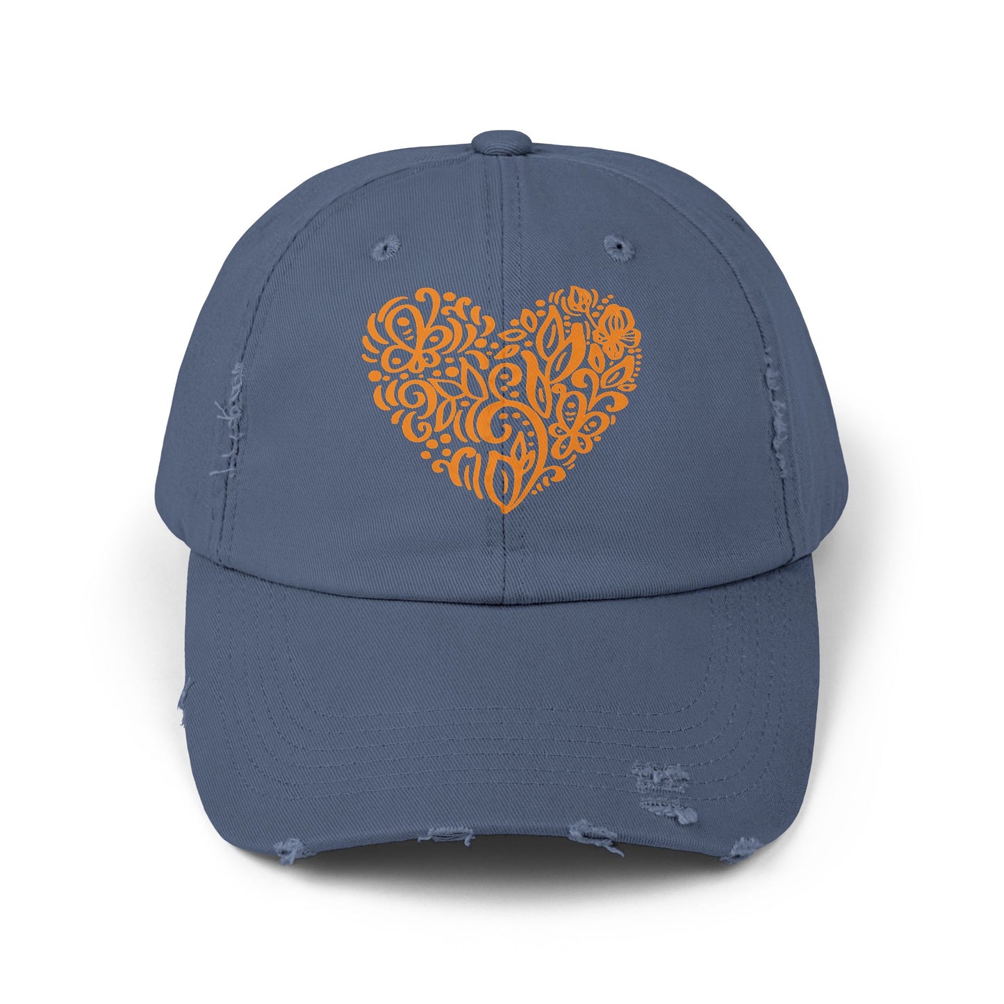 Distressed Cap with Orange Floral Heart – Rustic Cotton Twill Baseball Hat for Winter Gatherings