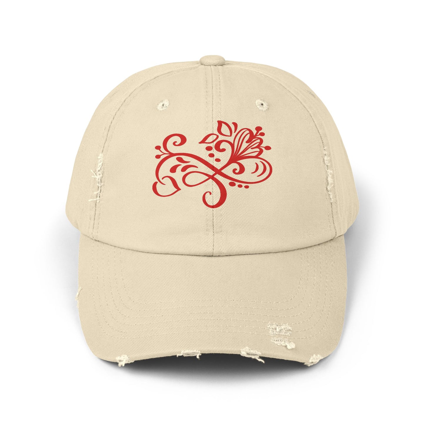 Distressed Cap with Red Floral Swirl Embroidery | Rustic Cotton Twill Baseball Hat