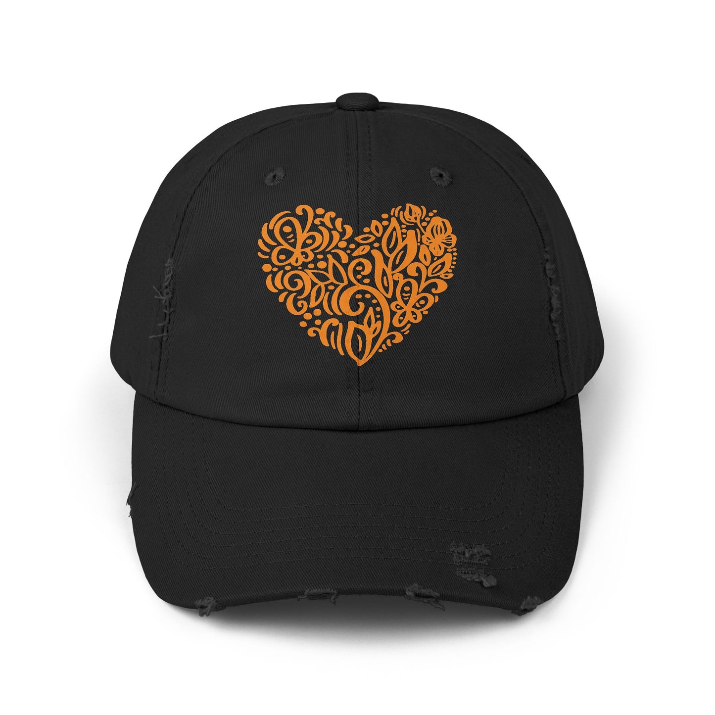 Distressed Cap with Orange Floral Heart – Rustic Cotton Twill Baseball Hat for Winter Gatherings
