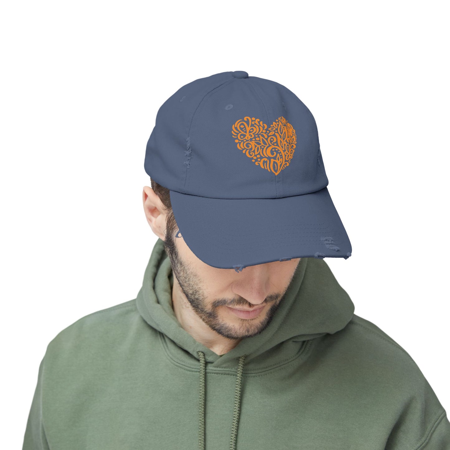 Distressed Cap with Orange Floral Heart – Rustic Cotton Twill Baseball Hat for Winter Gatherings